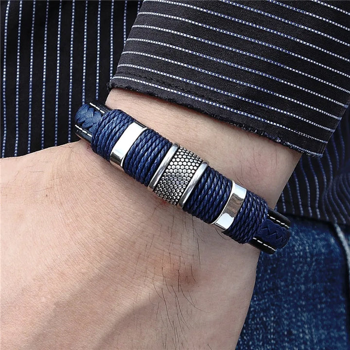 Punk Blue Leather Bracelet for Men