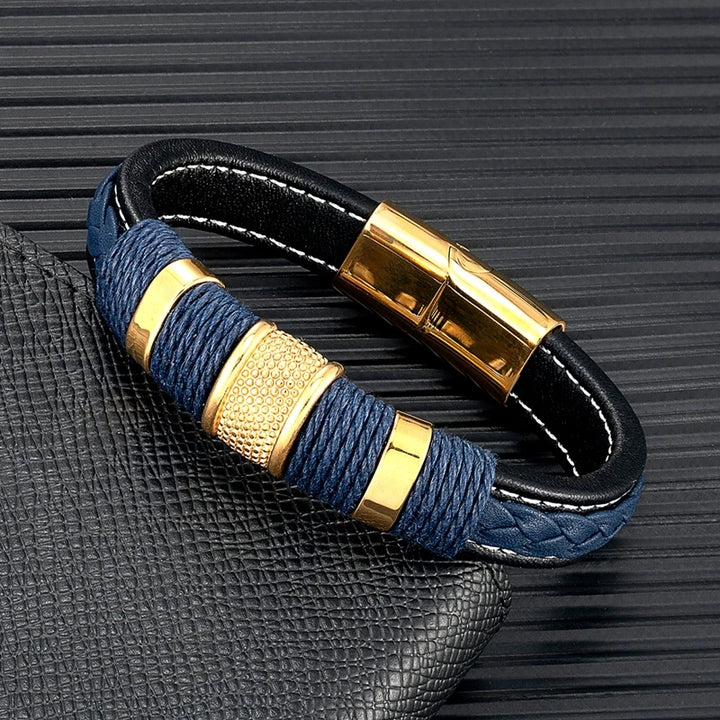 Punk Blue Leather Bracelet for Men