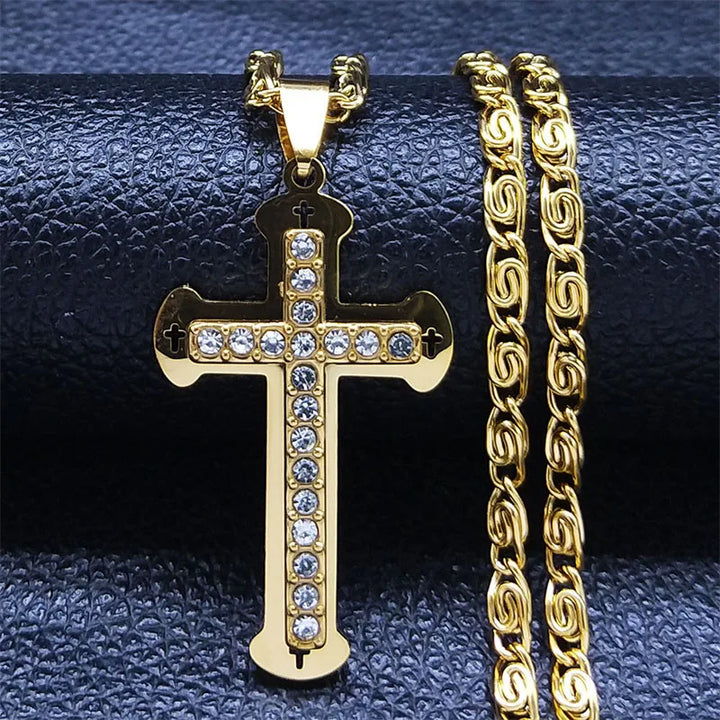 Men's chain with shiny rhinestone cross pendant