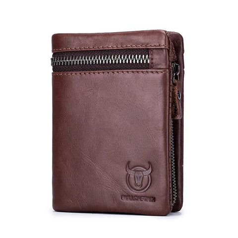Genuine leather folding wallet with zipper